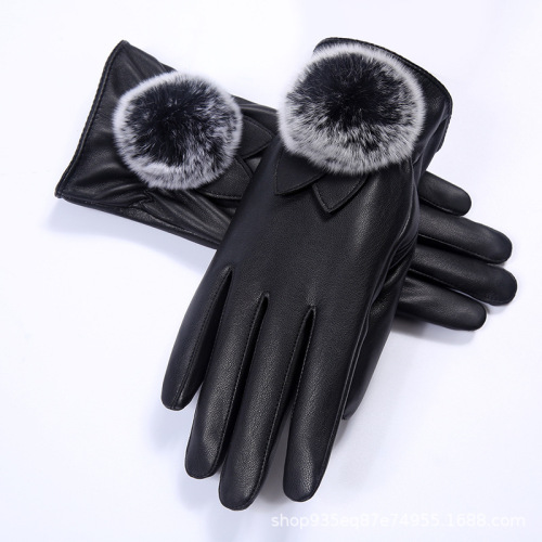 winter warm gloves touch screen women‘s cold-proof and velvet real rex rabbit fur ball driving gloves riding electric car gloves