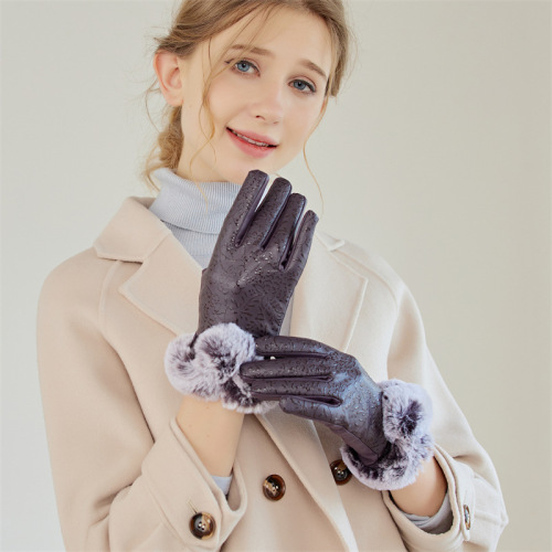 fisherman‘s notes autumn and winter outdoor pu warm gloves women‘s fleece-lined touch screen leather gloves simple rabbit-like fur mouth gloves