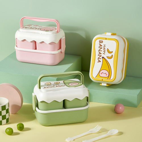 lunch Box Japanese-Style Double-Layer Cartoon Fruit Plastic Lunch Box Student Lunch Box Microwave Oven Portable Compartment Lunch Box