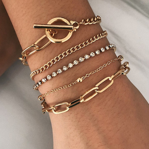 european and american cross-border jewelry fashion geometric otbuckle metal bracelet female creative diamond-embedded round beads multi-layer jewelry spot