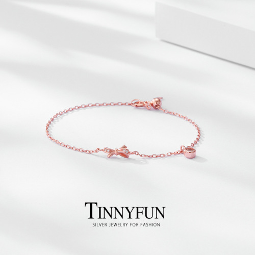 Ins Niche Simple Design S925 Sterling Silver Bow Bracelet Girls Fresh Rose Gold Fashion Jewelry