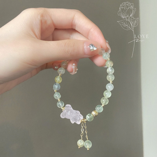 natural Grape Stone + Pink Crystal Beaded Bracelet ~ Super Fairy Ins Green Milk Cover Soft Cute Bear Bracelet Female Girlfriends Gift 