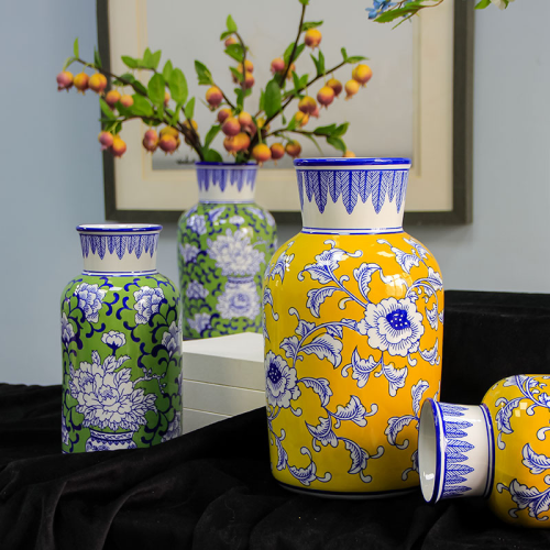 American Ceramic Vase Home Crafts Decoration Living Room Desktop Handmade Blue and White Porcelain Pastel Vase Floral Set