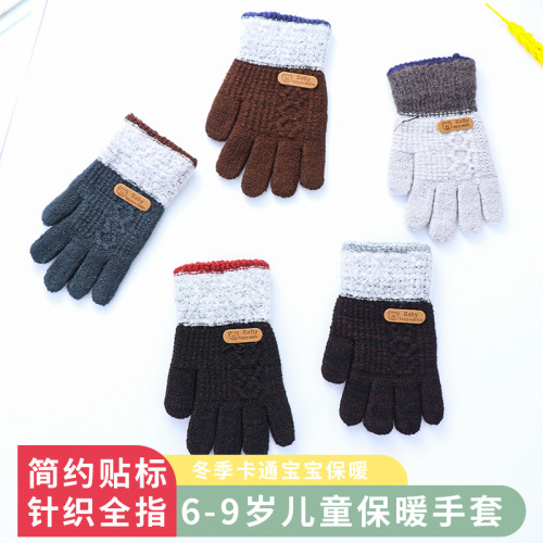 6-9 Years Old Autumn and Winter Children‘s Warm Cartoon Gloves Knitted Full Finger Labeling Boys‘ Outdoor Anti-Freezing Gloves Wholesale