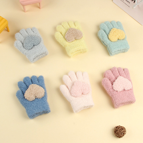 children‘s gloves new winter warm fleece-lined thickened five-finger finger girl baby full finger cold-proof love gloves