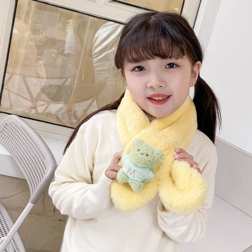 Children‘s Scarf Autumn and Winter New Cartoon Bear Plush Warm Thickened Baby Bib Korean Style Versatile Cross Scarf