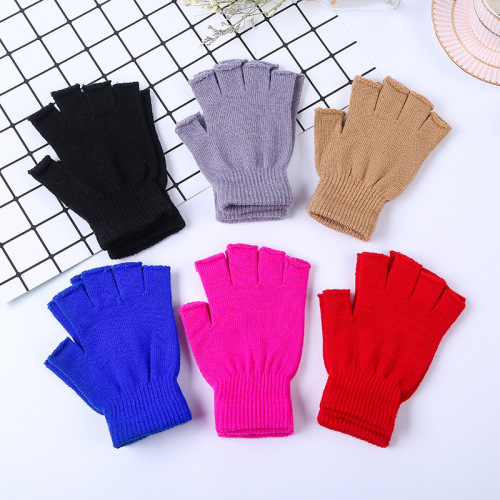 autumn and winter warm acrylic knitted men‘s and women‘s half finger gloves solid color gloves office open finger gloves gloves wholesale manufacturers