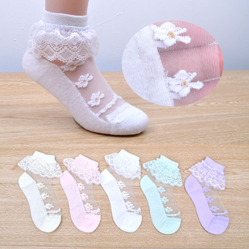 girls‘ socks summer thin cotton wholesale breathable sweat-absorbent white primary school children lace crystal lace princess