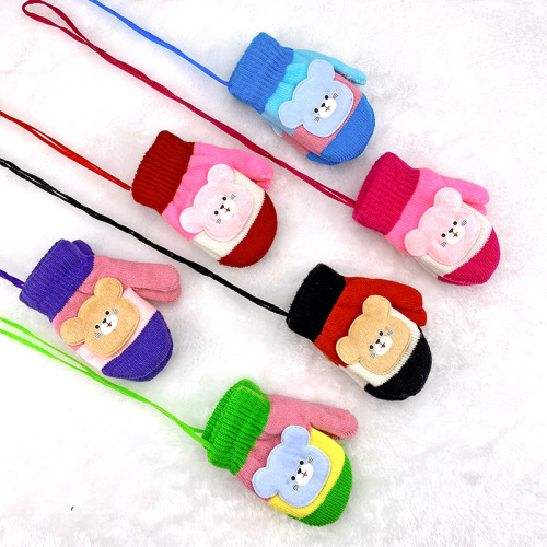 0-4 Years Old Children Knitting Wool Gloves Anti-Lost Lanyard Autumn and Winter Tianbao Baby Full Bag Finger Cartoon Finger Warm Gloves