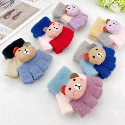 Little Bear Children‘s Gloves Autumn and Winter Warm Five Finger Plush Boys Girls Wool Little Child Toddler Baby Knitted Half Finger