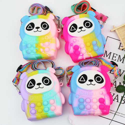 panda silicone bag coin bag female creative mini silicone zipper earphone bag candy color handle with key bag
