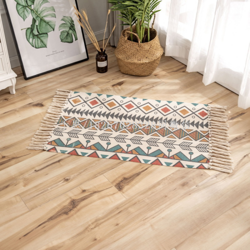 Qiansi Retro Ethnic Style Tassel Floor Mat Nordic Simple Cotton Linen Door Mat Bedroom Bedside Floor Mat Living Room Carpet 