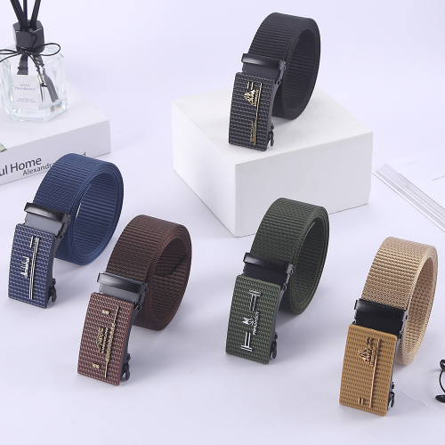 Men‘s Personality Canvas Belt Outdoor Sports Woven Nylon Automatic Pant Belt Fashion Tee-Dimensional Logo Spring Fastener Belt