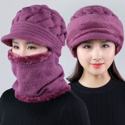 hat female wool one-piece hat autumn and winter middle-aged and elderly velvet thickened warm hat scarf ear protection windproof toe cap wool