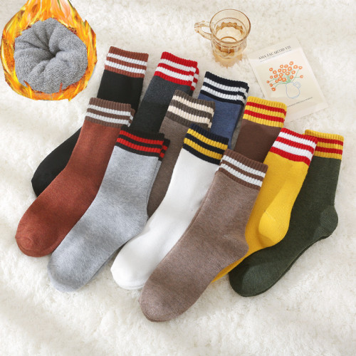 socks women‘s winter japanese thickened fleece-lined thermal terry socks ins fashionable mid-calf striped towel bottom stockings wholesale