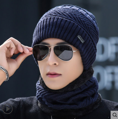 Hat Men‘s Winter Woolen Hat Thickened Korean Style Tide Knitted Sleeve Cap Fleece Warm Winter Hat Youth Cotton-Padded Cap