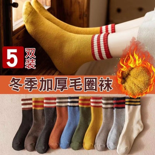 Velvet Thickening Socks Women‘s Tube Socks Striped Korean Preppy Style Warm Terry Autumn Winter Winter Long Cotton Socks