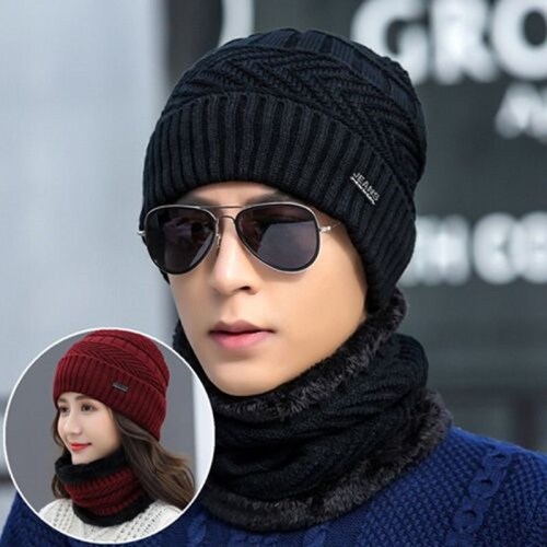 Hat Men‘s Winter Fleece-Lined Wool Hat Korean-Style Thick Knitted Hat Scarf Set Winter Youth Cotton Hat Trendy Men