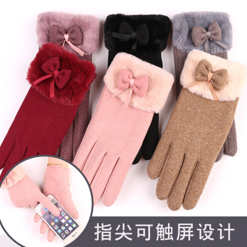 Warm Gloves Autumn and Winter Women‘s Fleece-Lined Bowknot Driving Outdoor Riding Cold-Proof Touch Screen Gloves Winter