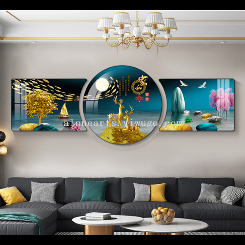Modern Minimalist Living Room Decorative Painting Sofa Background Wall Hanging Painting Bedroom Crystal Porcelain Diamond-Embedded Mural New Chinese Triple Painting