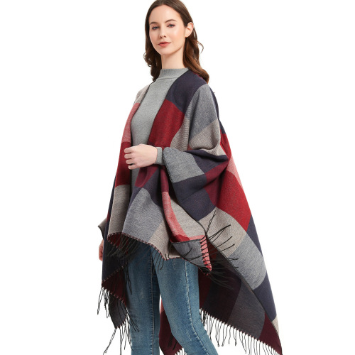 factory direct supply foreign trade european and american style spring and autumn new women‘s tassel cloak double-sided large plaid split shawl