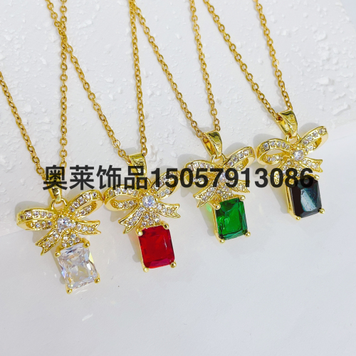 Korean Style Fashionable Golden Diamond Pendant Necklace Geometric Niche Color Zircon Necklace Ornament Clavicle Chain Women‘s Accessories
