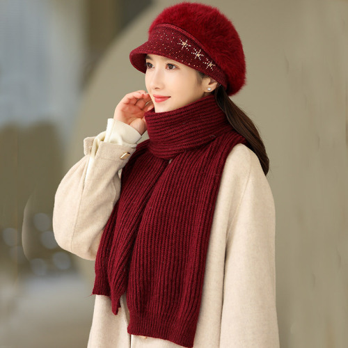 Warm Duck Tongue Hat Women‘s Fleece-Lined Cold-Proof Scarf Outdoor Middle-Aged and Elderly Mother Rabbit Fur Fashion Knitted Wool
