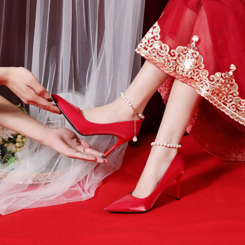 313233 Small Size Women‘s Shoes 2021 New Bridal Shoes Wedding Shoes Red Xiuhe Shoes Satin Sexy High Heels