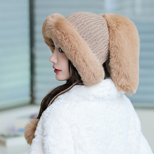 cute rabbit fleece-lined warm lei feng hat women‘s autumn and winter cold-proof fur ball northeast ear protection face hat plush hat