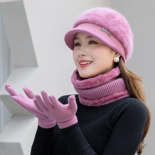 middle-aged and elderly rabbit fur warm hat women‘s winter fleece-lined thick cycling gloves scarf outdoor grandma duck tongue knitting