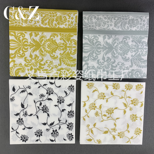 Gold and Silver Black Flower Series Napkin Tissue Foreign Trade Printing Napkin Square Tissue Double Layer Tissue Factory Direct Sales