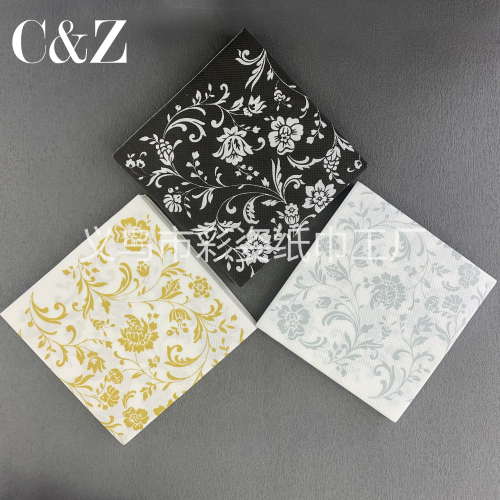 Gold and Silver Black Flower Series Napkin Tissue foreign Trade Printing Napkin Square Tissue Double-Layer Tissue Factory Direct Sales