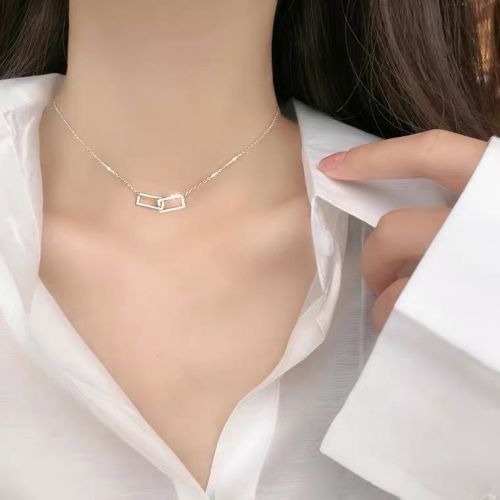 Ornament S925 Sterling Silver Geometric Square Buckle Necklace Diamond-Embedded Rectangular Clavicle Chain Korean Silver Necklace