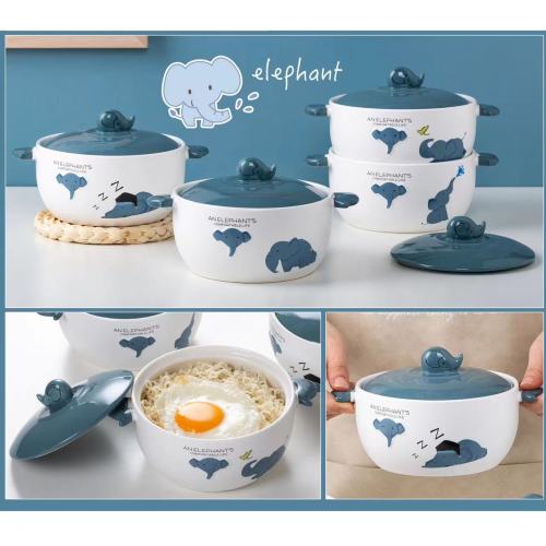 Cartoon Embossed Elephant Ceramic Soup Bowl Ceramic Cover Household Tableware personality Beef Noodle Bowl