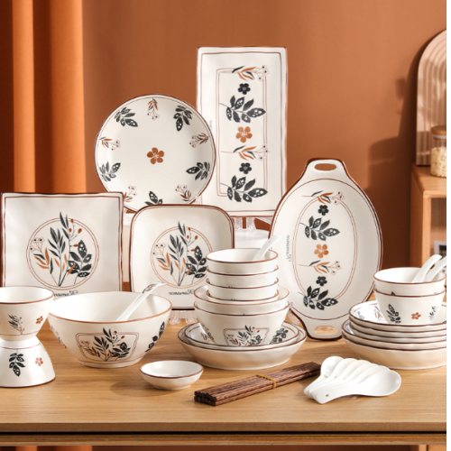 Underglaze Color Household Ceramic Binaural Large Soup Bowl Noodle Bowl Rice Bowl Plate Tableware Pastoral Style