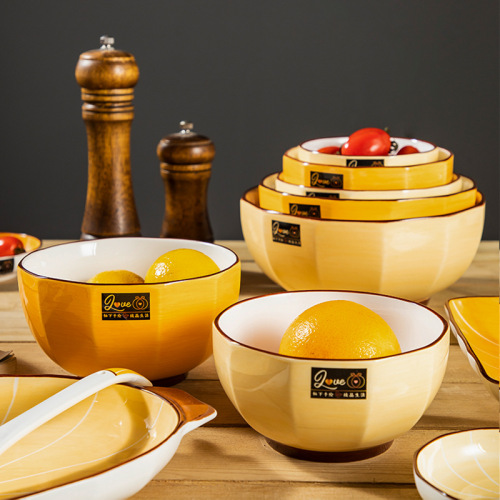 Japanese Ceramic Bowl Household Orange Combination Bowl Wholesale Tableware Golden Age