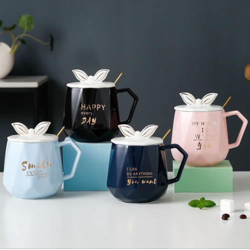 Creative Diamond Bow Ceramic Mug Japanese Style Home Office Coffee Cup with Lid