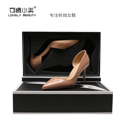 Cute Xiaomei Pointed Stiletto Heel High Heel Shoes Inner Empty Pumps 8cm Nude Patent Leather Professional Shoes Pumps Women‘s Spot Goods