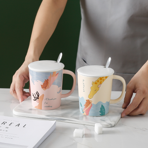 Creative Girl Animal Ceramic Cup Personal Influencer Water Cup with Cover Spoon Ceramic Coffee Cup