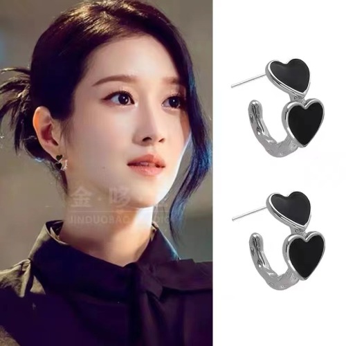 s925 all-in-one silver-black love ear studs texture pattern style simple niche design korean drama eve xu rui same style