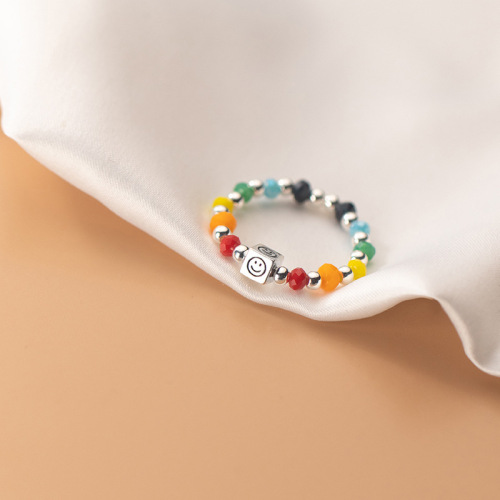 Ornament S925 Silver Korean Style Women‘s Square Smiley Face Colorful Light Bead Ring Summer Simplicity Elegant Bracelet
