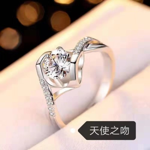 S925 Silver Angel Kiss micro Inlaid Zircon Diamond Ring Female Ring Proposal Engagement Gift Simulation Diamond Live Ring