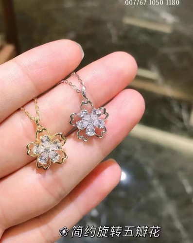 s925 silver artificial zircon inlaid rotatable five-petal flower necklace fashion hot set chain lucky flower clavicle chain