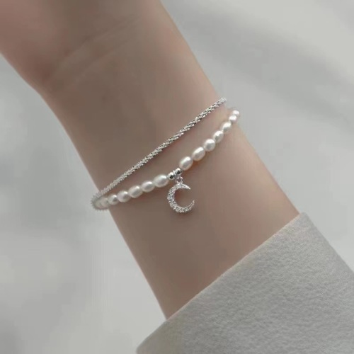 Ornament S925 Silver Sweet Bracelet Japanese and Korean Starry with Diamonds Moon Pearl Bracelet