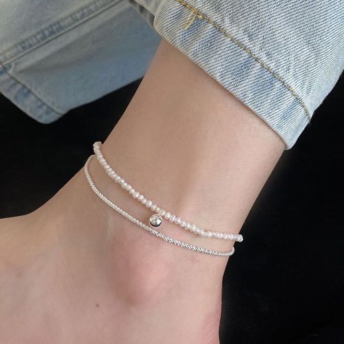 Ornament S925 Sterling Silver Double-Layer Pearl Starry Anklet Female Japanese Korean Simple Handmade round Beads Anklet Student