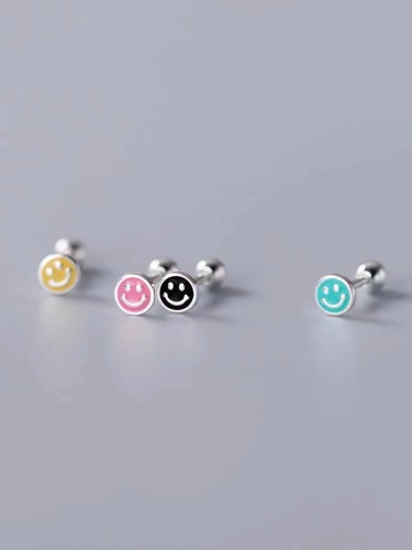 S925 Silver Korean Style Simple round Drip Smiley Face Earrings Screw Earrings Compact Temperamental Thread Eardrops Earrings