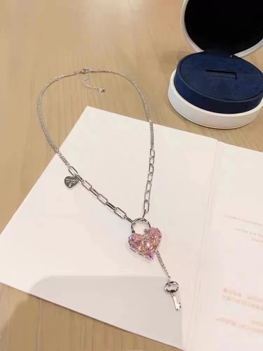 s925 silver pink zircon necklace advanced thick chain heart-shaped padlock key design sweet cool style new girly feeling