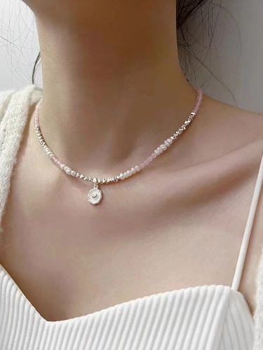 S925 Silver Pink Aobao Aquamarine Pearl Broken Silver Heart Necklace Clavicle Chain Female Ins Style Light Luxury Minority Design