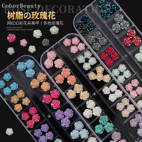 new 12-grid strip box 3d three-dimensional magic rose five-petal camellia mixed nail manicure accessories