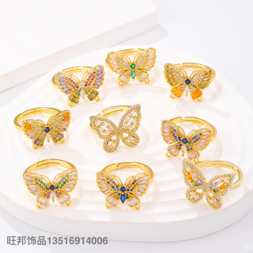 cross-border popular european and american butterfly ring brass gold-plated micro inlaid zircon bracelet oil drop diamond butterfly ring wholesale
